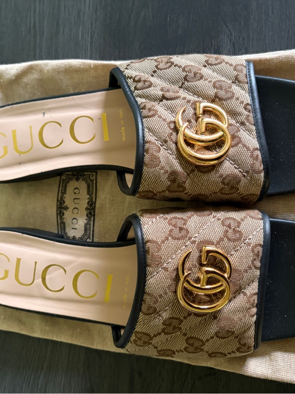 Gucci Brown GG Quilted Canvas Slide Sandals with Gold Hardware - Picture 2 of 4